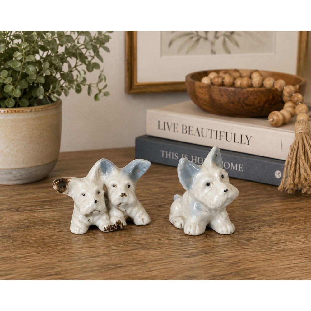 Miniature Ceramic Dog Figurines Pair‎ Gray White Brown 2 Inch